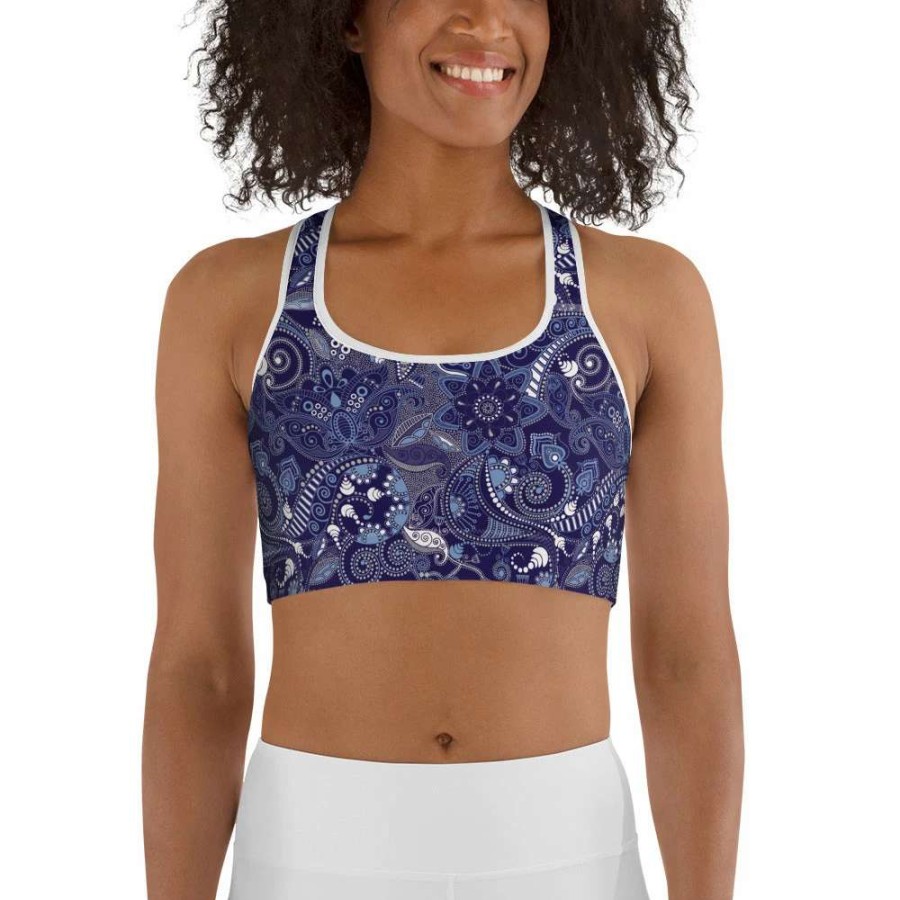 Tops * | Berry Jane Medium Intensity Sports Bra, Swim Bra A-C Cups, Blue Paisley