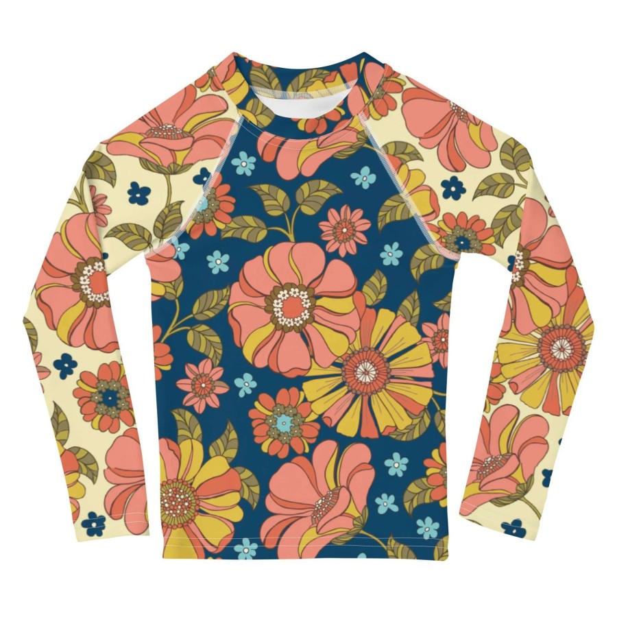 Kids * | Berry Jane Girls Upf 50 Rash Guard, 70S Vintage Floral