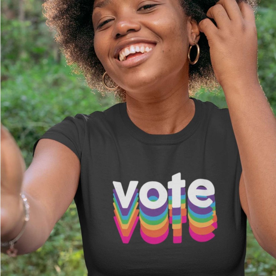 Tops * | Berry Jane Retro Style Vote Unisex Rainbow T-Shirt, Black Relaxed Vintage Fit