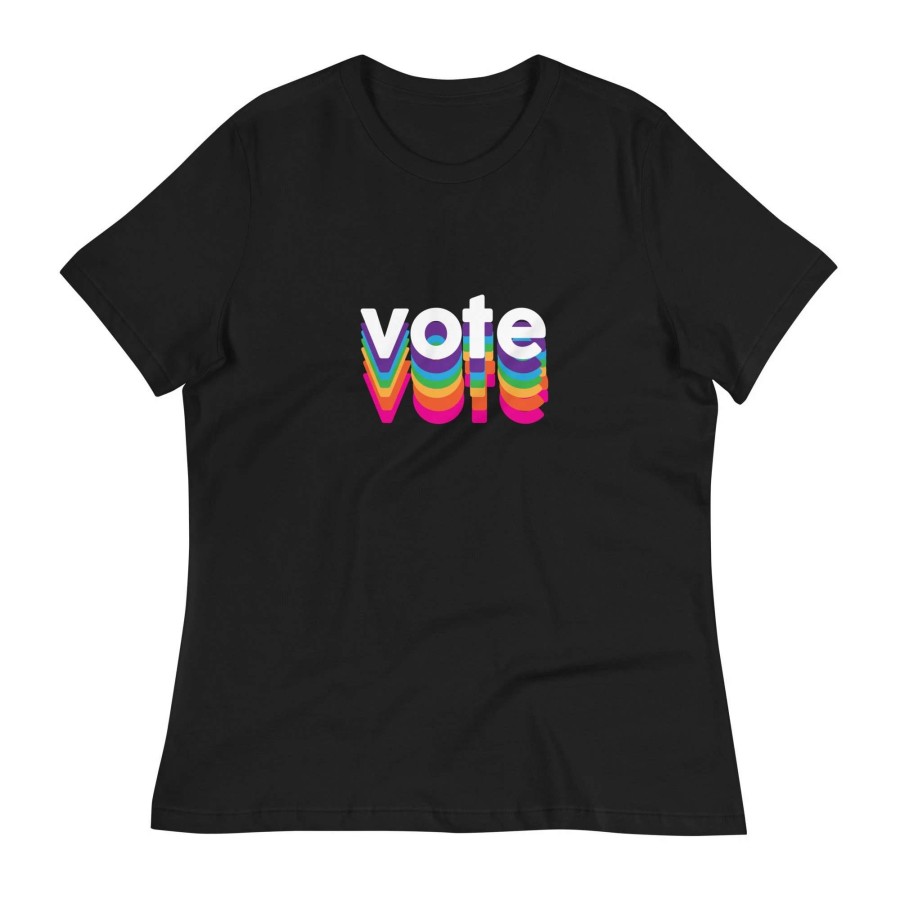 Tops * | Berry Jane Retro Style Vote Unisex Rainbow T-Shirt, Black Relaxed Vintage Fit