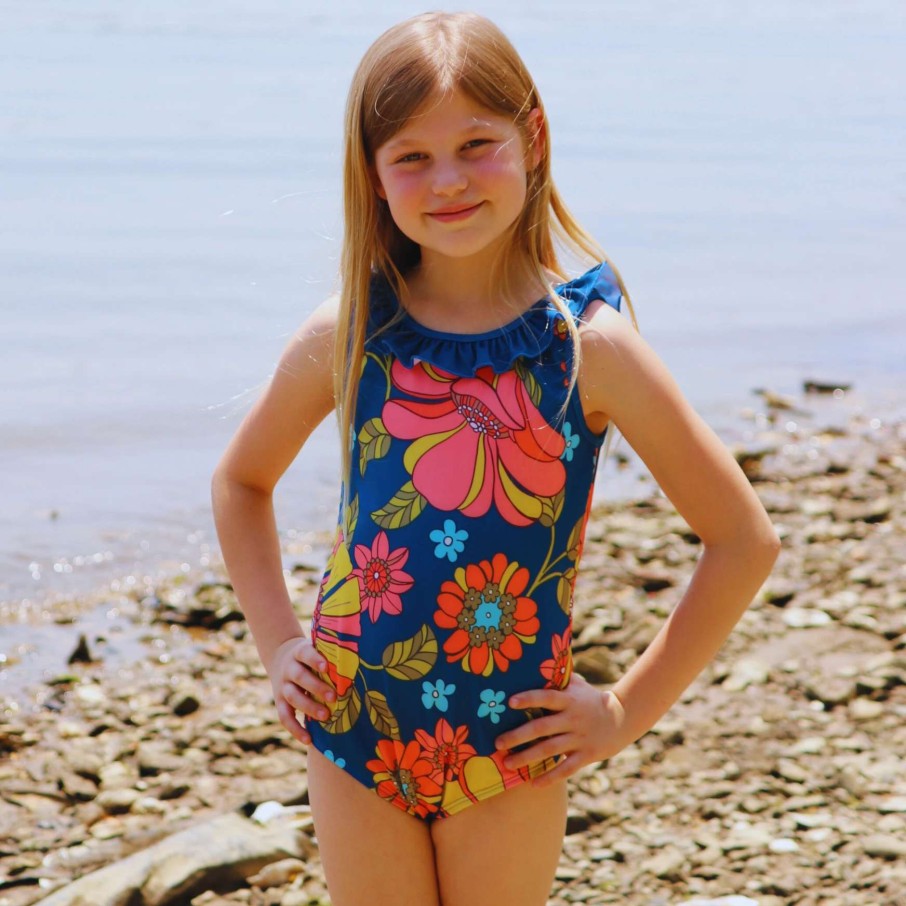 Kids * | Berry Jane Girls 1-Pc Bathing Suit, Ruffle Trim 70S Vintage Floral Print