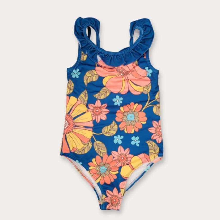 Kids * | Berry Jane Girls 1-Pc Bathing Suit, Ruffle Trim 70S Vintage Floral Print