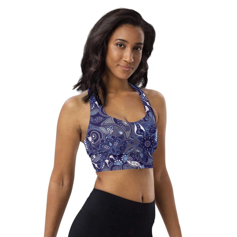 Tops * | Berry Jane Compression Sports Bra, Swim Bra Upf 50 Xs-3Xl, Blue Paisley