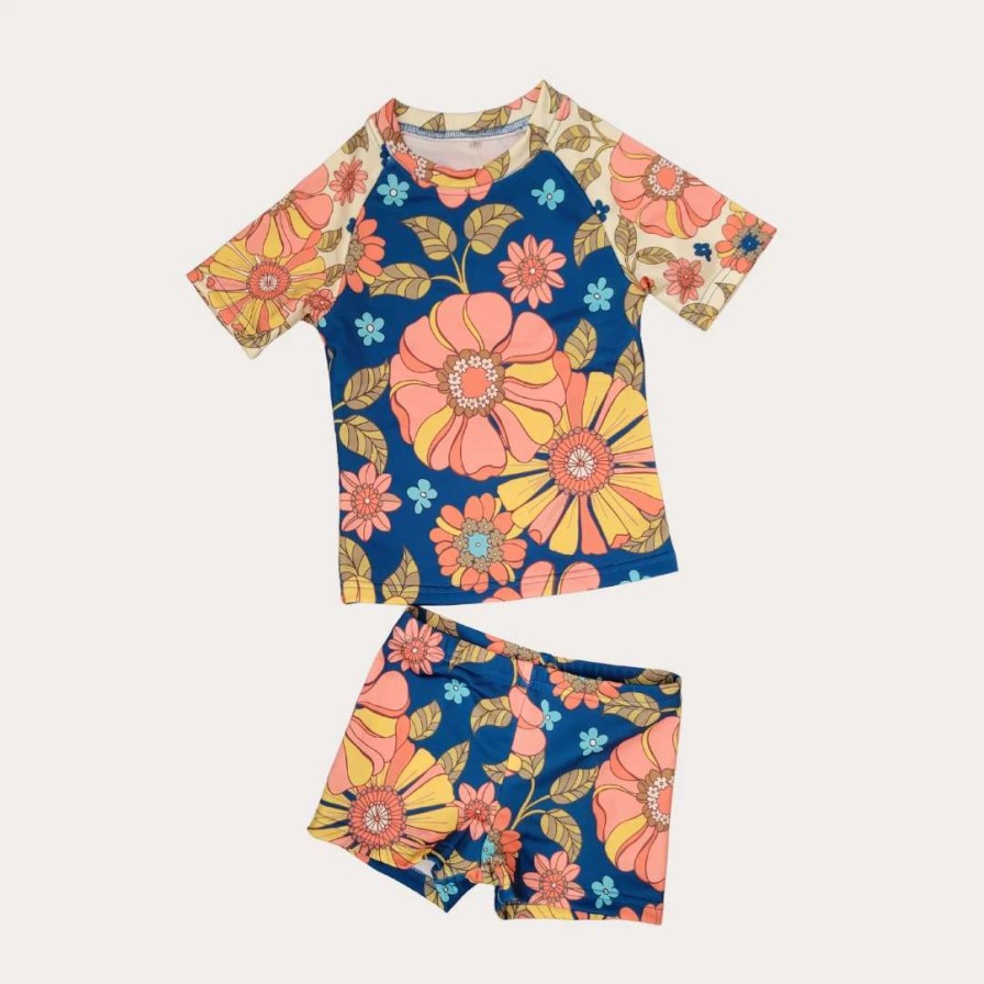 Kids * | Berry Jane Girl'S 2 Pc Surfer Swim Top With Swim Shorts Set, 70S Floral