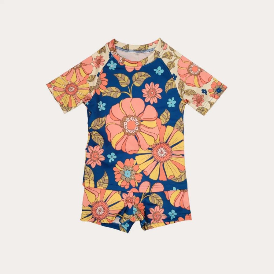 Kids * | Berry Jane Girl'S 2 Pc Surfer Swim Top With Swim Shorts Set, 70S Floral